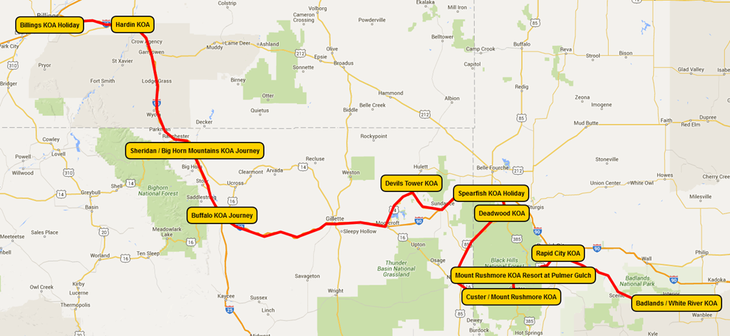 Badlands and Beyond KOA Dream Trip Map