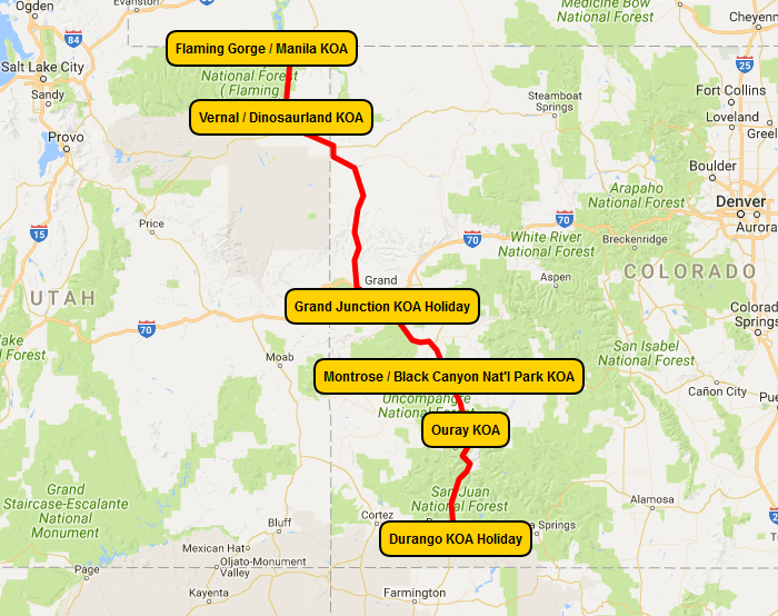 KOA Dream Vacation Million Dollar Highway Map