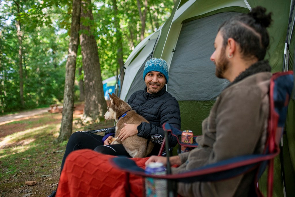 Friends tent camping at Asheville East KOA Holiday