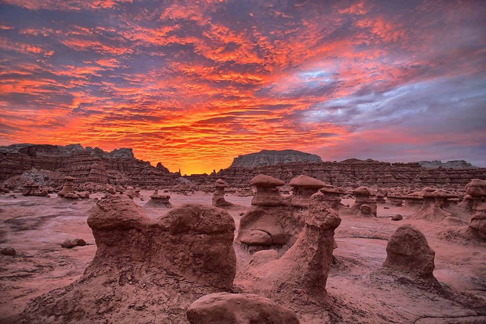 A sunrise over Goblin Valley State Park in Utah.