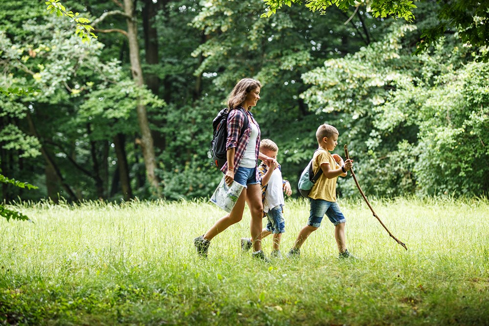 Mother and her sons hiking in the forest .