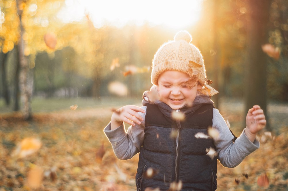 Toddler playing in the autumn leaves.