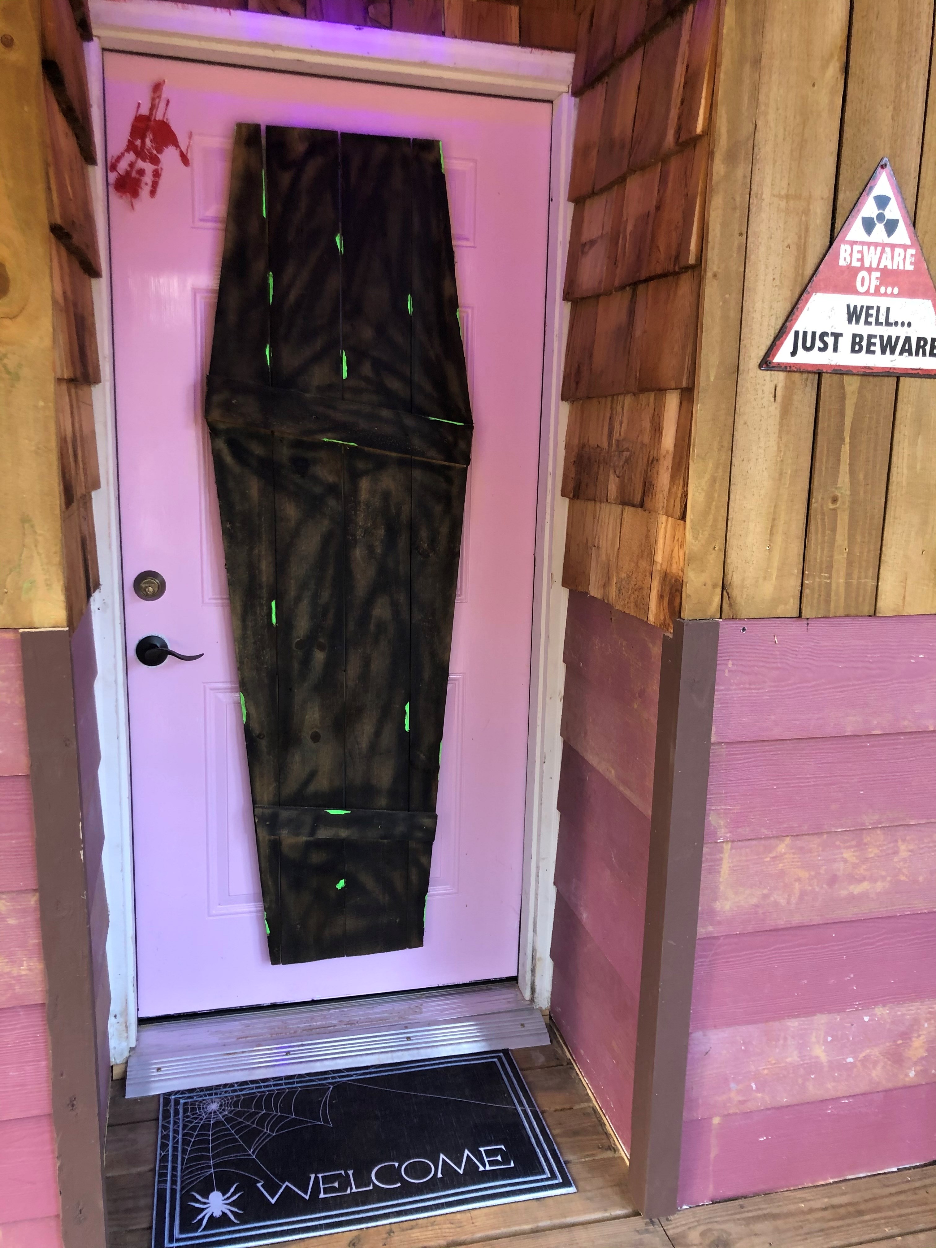 Front door of K9 Haunted Cabin - Beware!
