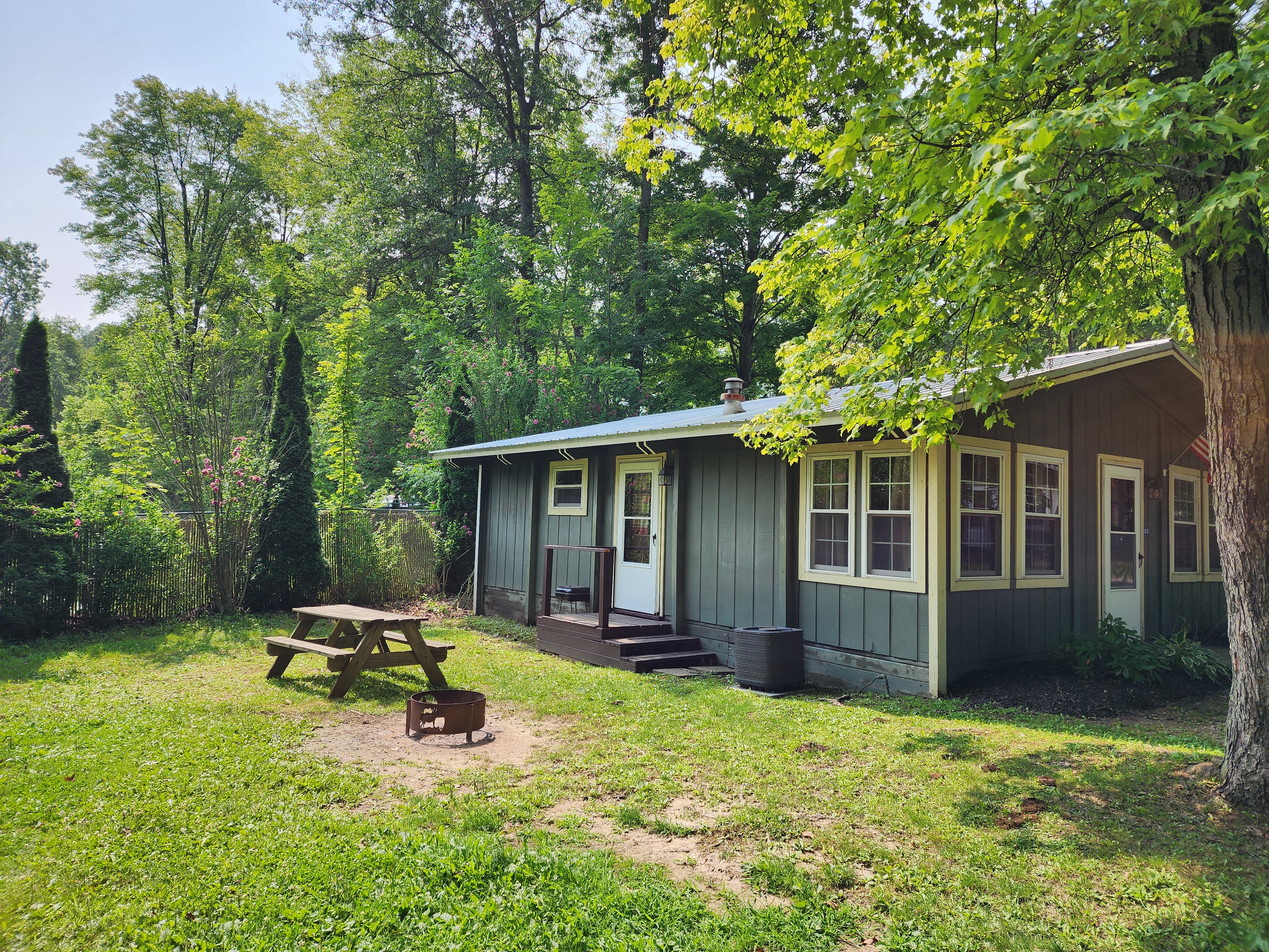 C02 Deluxe Cabin - side door to fire ring and picnic area