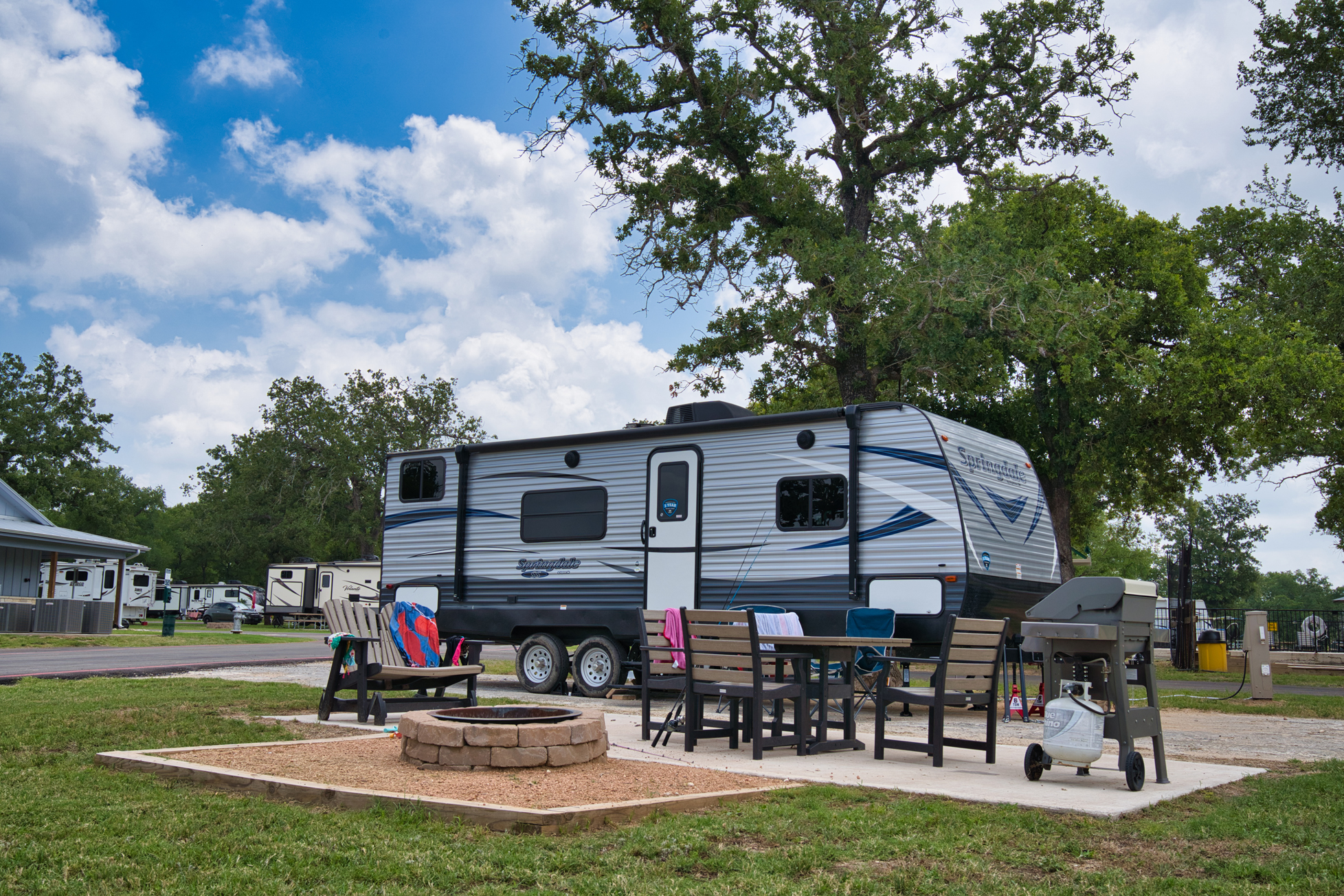 Pull Thru RV space, 50/30/20 amps, full hookips, deluxe patio