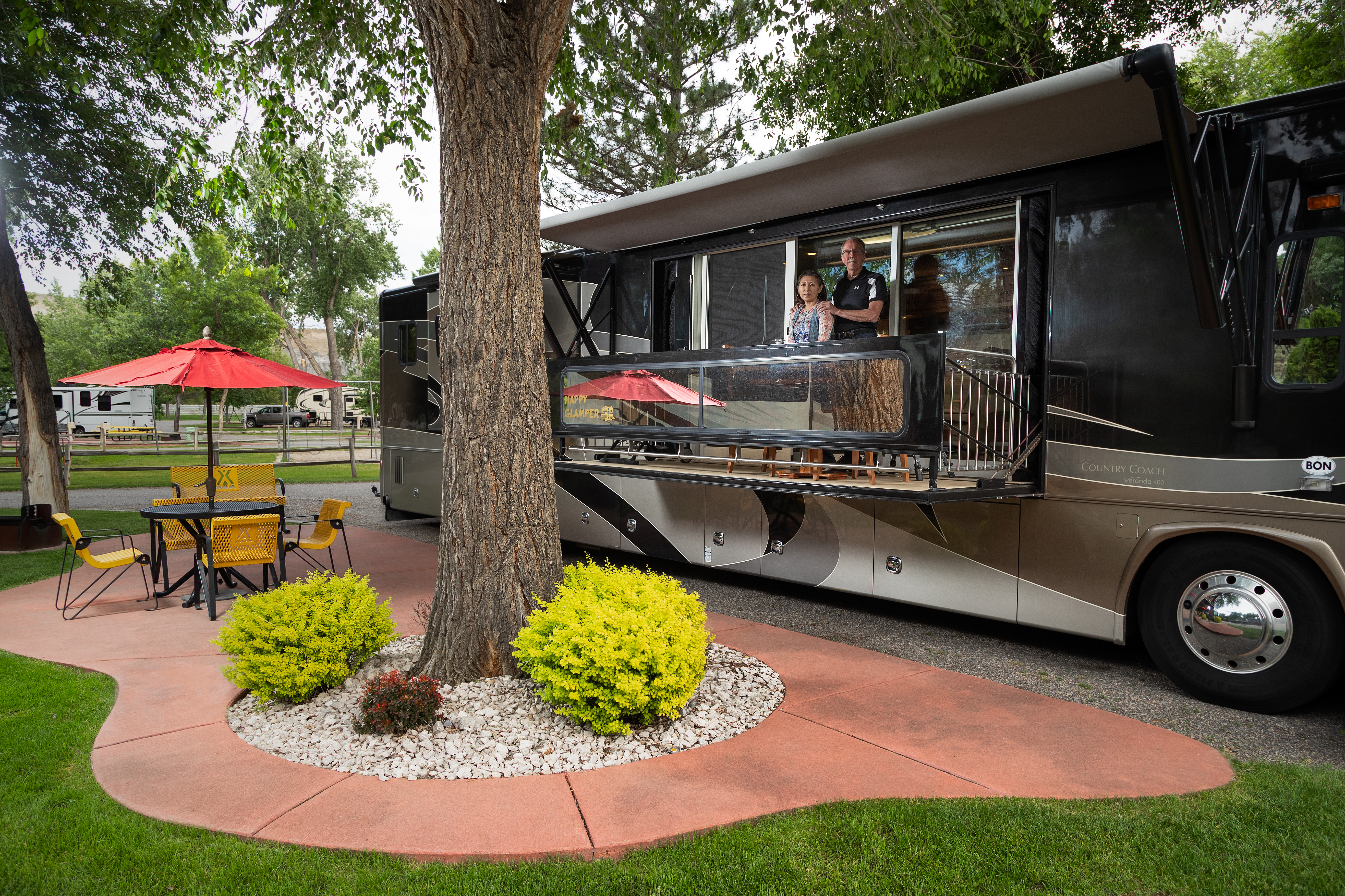 Our deluxe patio full hook up sites (1-12). are larger and more spacious than our basic pull thru full hook up sites.  They are a great option for RVs sporting slideouts,  families who desire extra space, and pet owners who want to give their furry friends more area to roam.