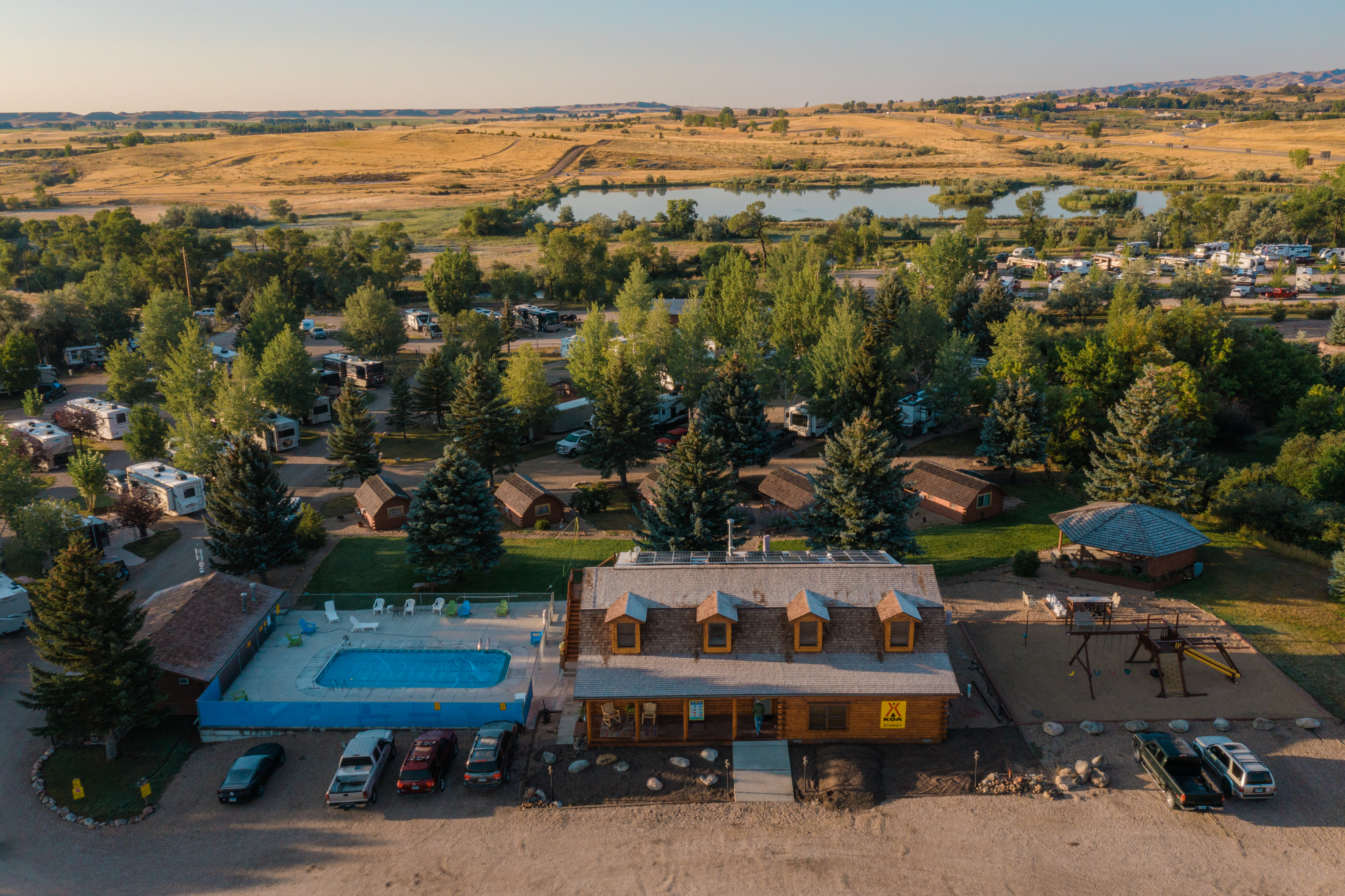 Main Building is the hub of activity - pool, playground, volleyball and giant games