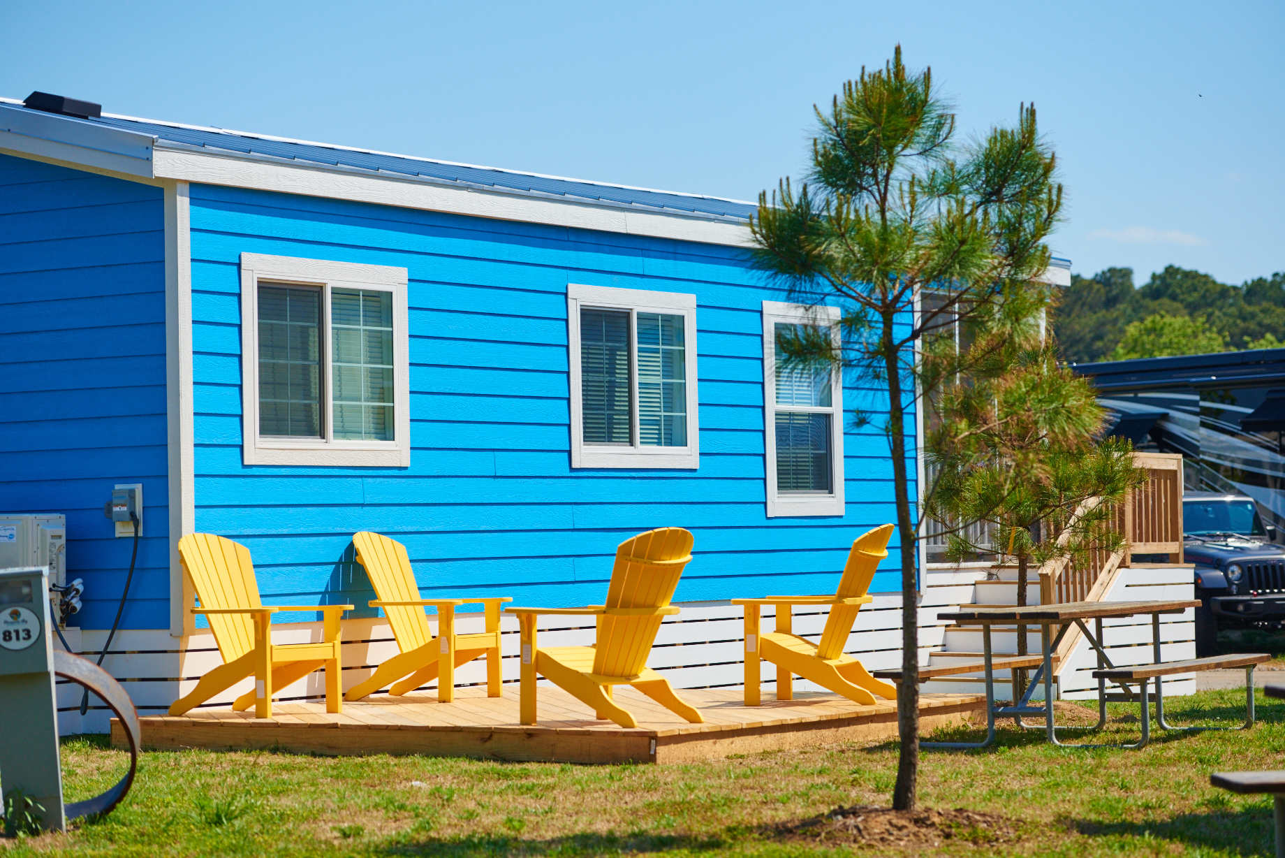 Cabins at Chesapeake Bay KOA come with private outdoor living spaces.