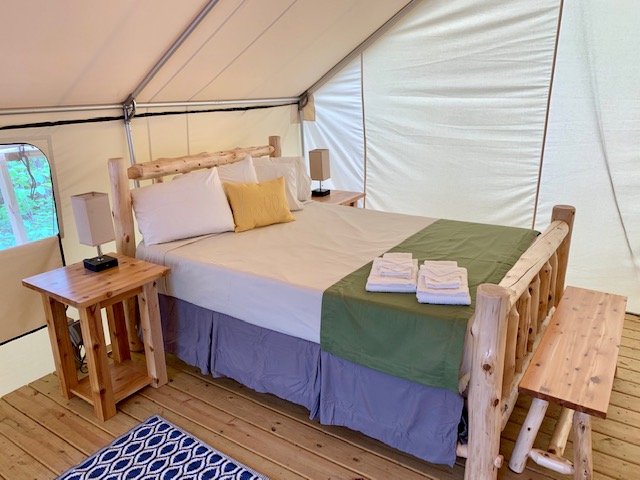 Luxury "Glamping" Tent queen bed with (shown with linen package)