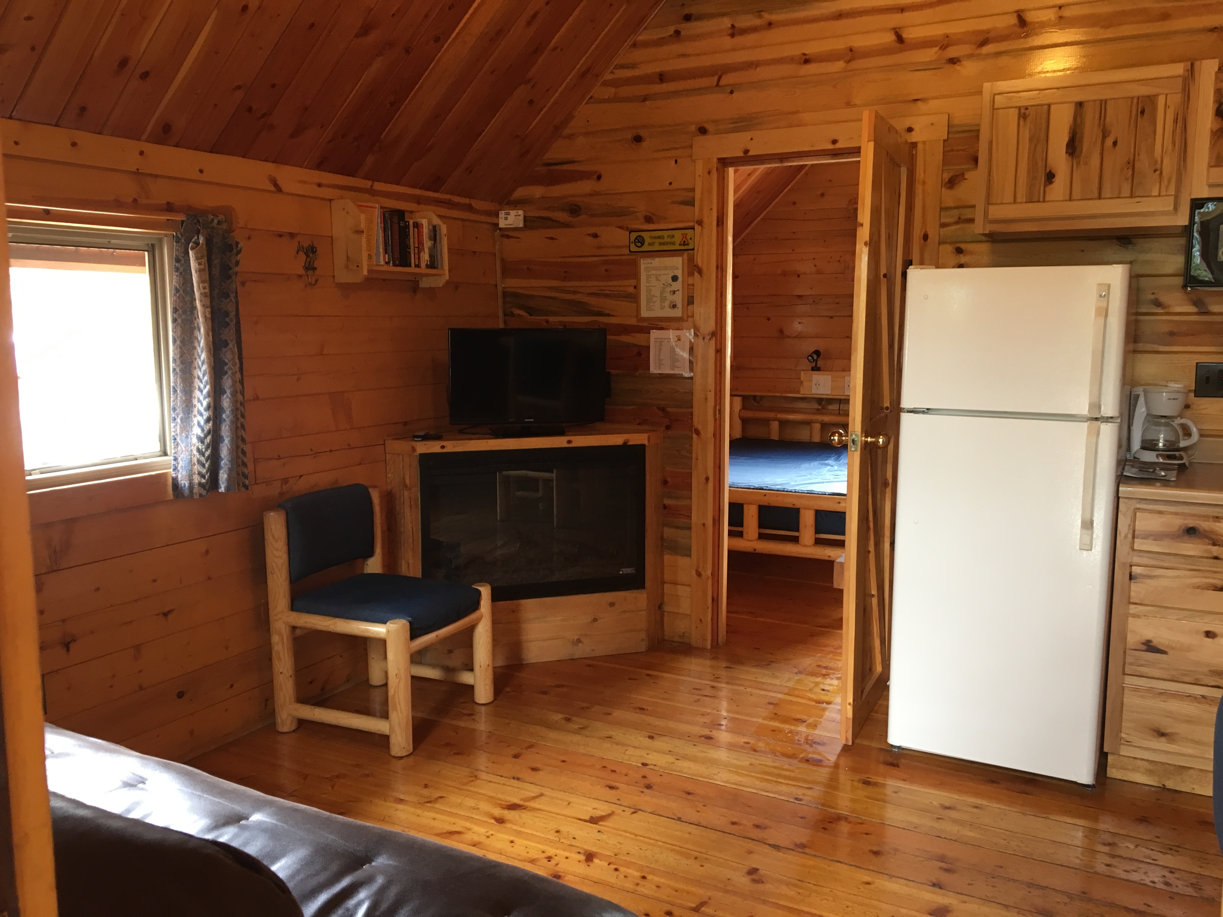 Deluxe cabin living room TV fireplace refrigerator