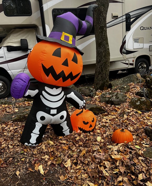 Halloween inflatable pumpkin guy decoration at Gettysburg KOA campsite