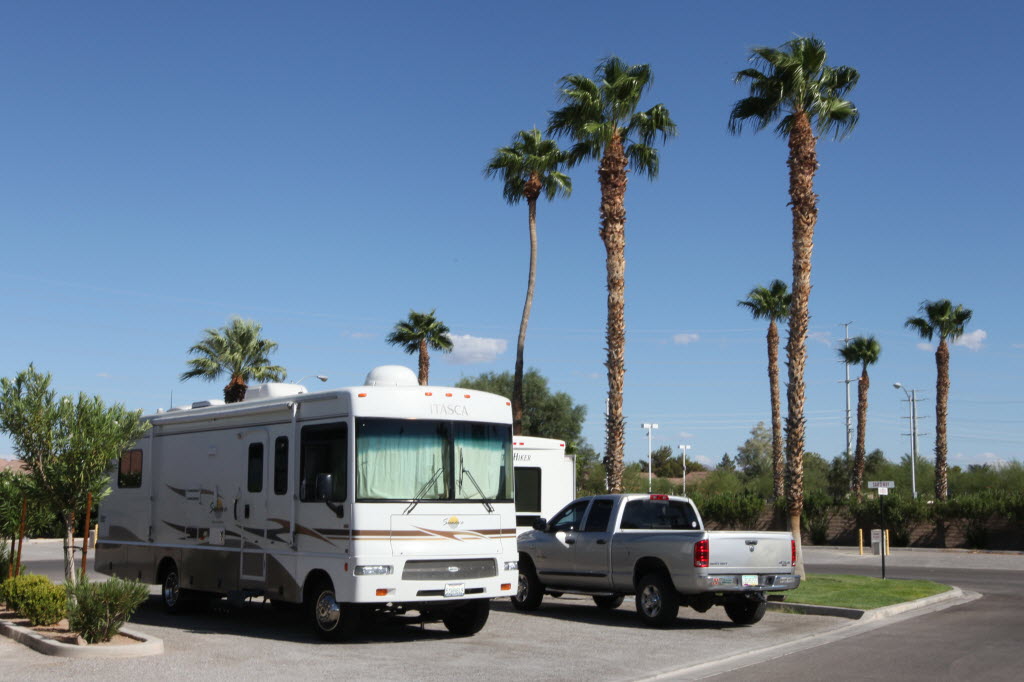 70' pull thru sites in our Boulder Park, yes we even have some grass here in the desert