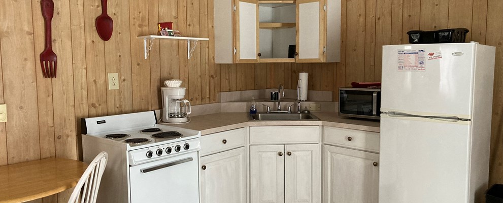 Downstairs apartment kitchen.  Has stove, sink, refrigerator.
