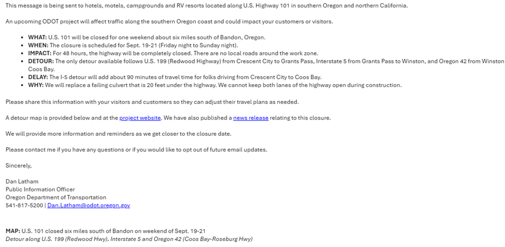 Upcoming Traffic Closure and Detour