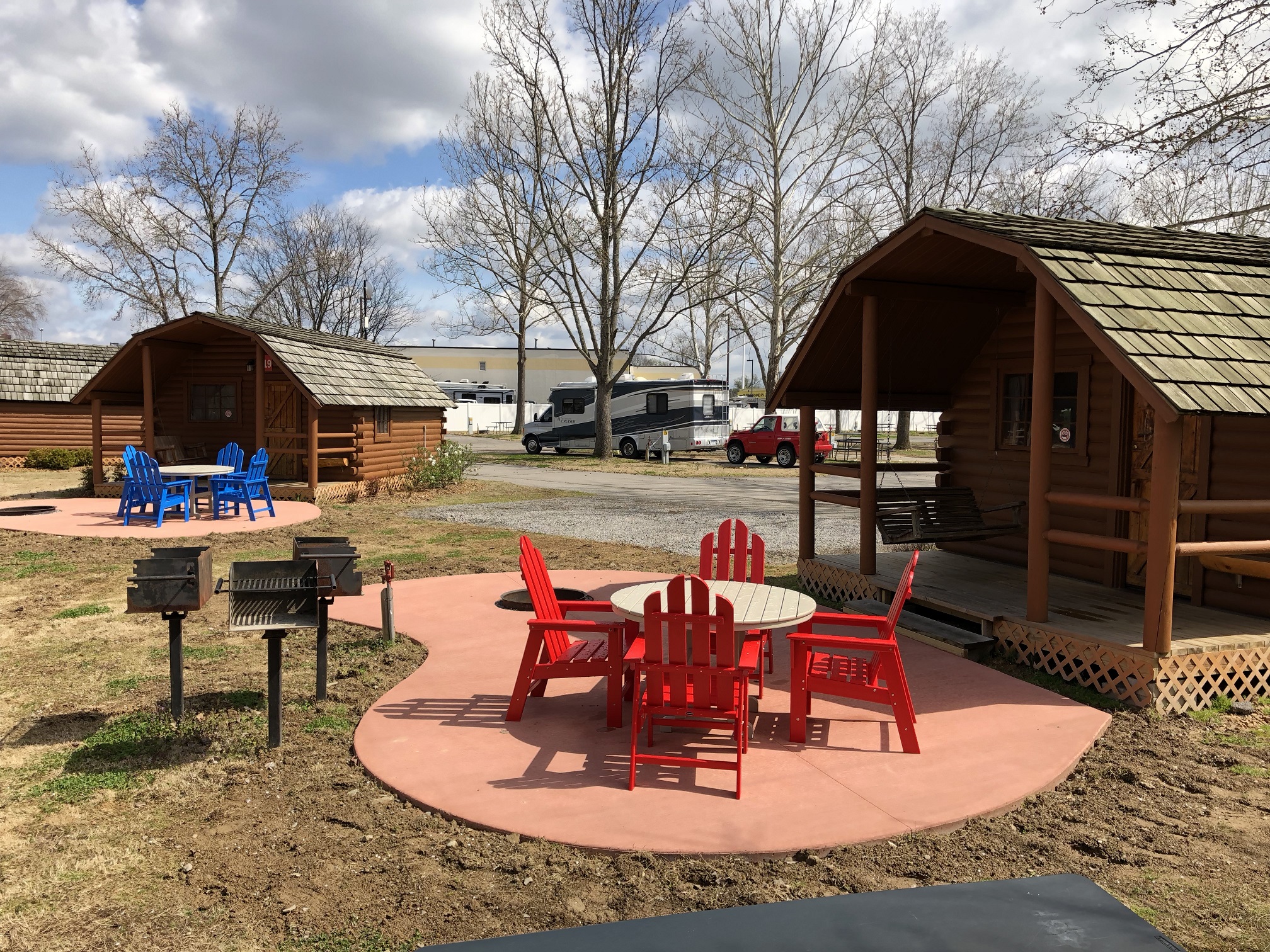 Our 2 bedroom cabins have a deluxe patio with fire ring and upgraded patio furniture.