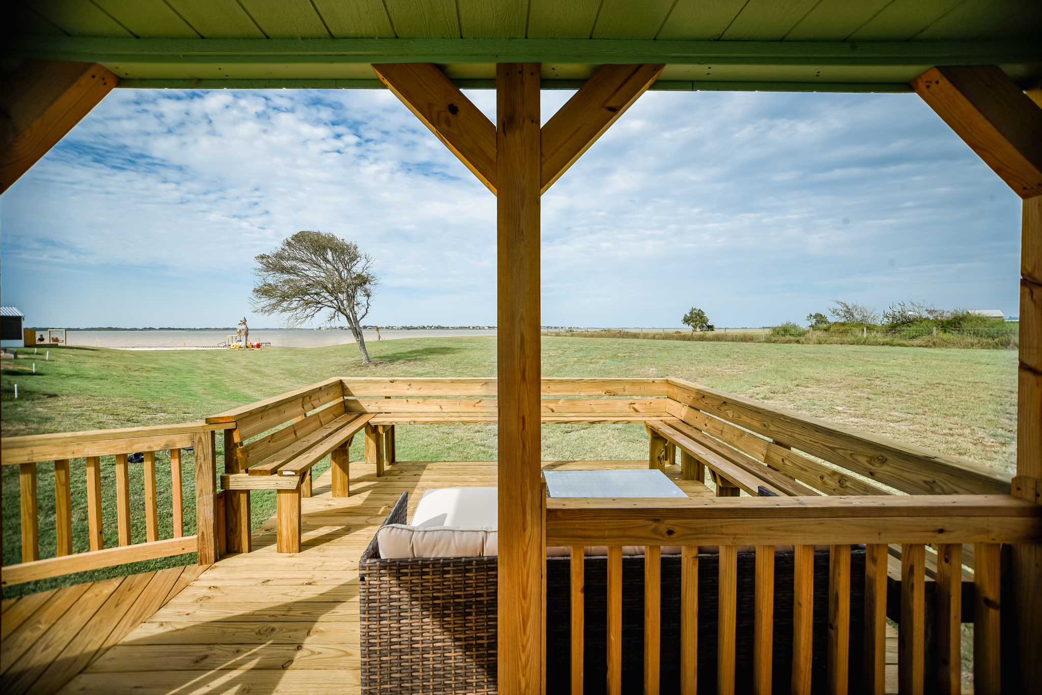 Our beautiful one bedroom cabin features a nice patio with beautiful bay views!