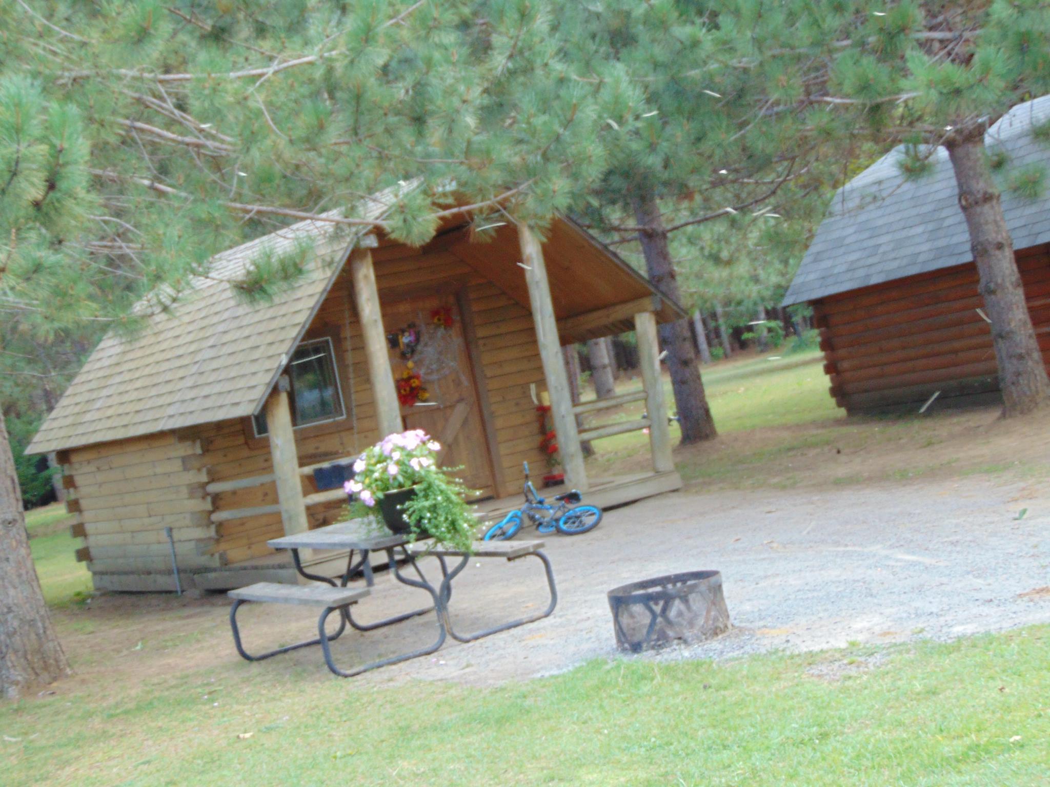 Cabins sleep 4 comfortably, with a mini-fridge, power, fire-pit and picnic table. Beautifully shaded and naturally cool.