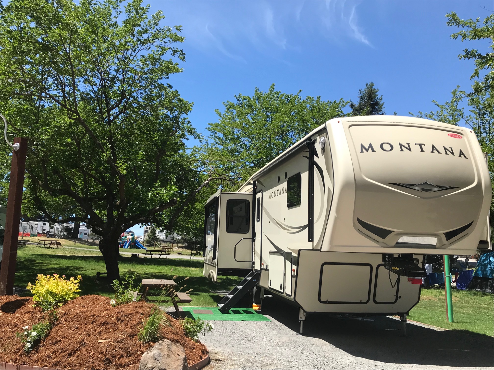 These new 50 amp back in RV sites are wide and easy to get into  and out of.