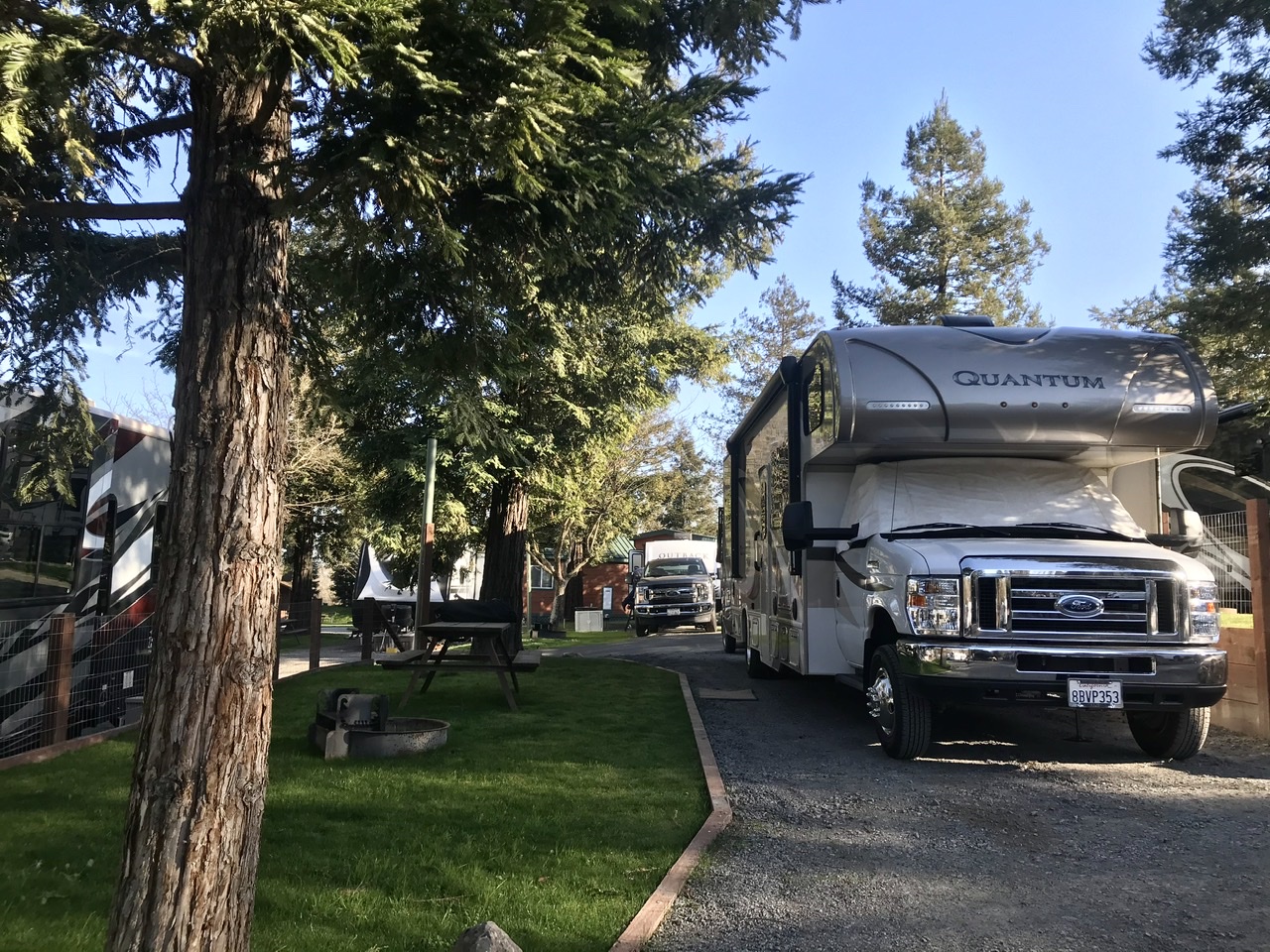50 amp pull thru sites in the Vineyard Terrace area have larger grass area, picnic table and a fire pit for making memories.