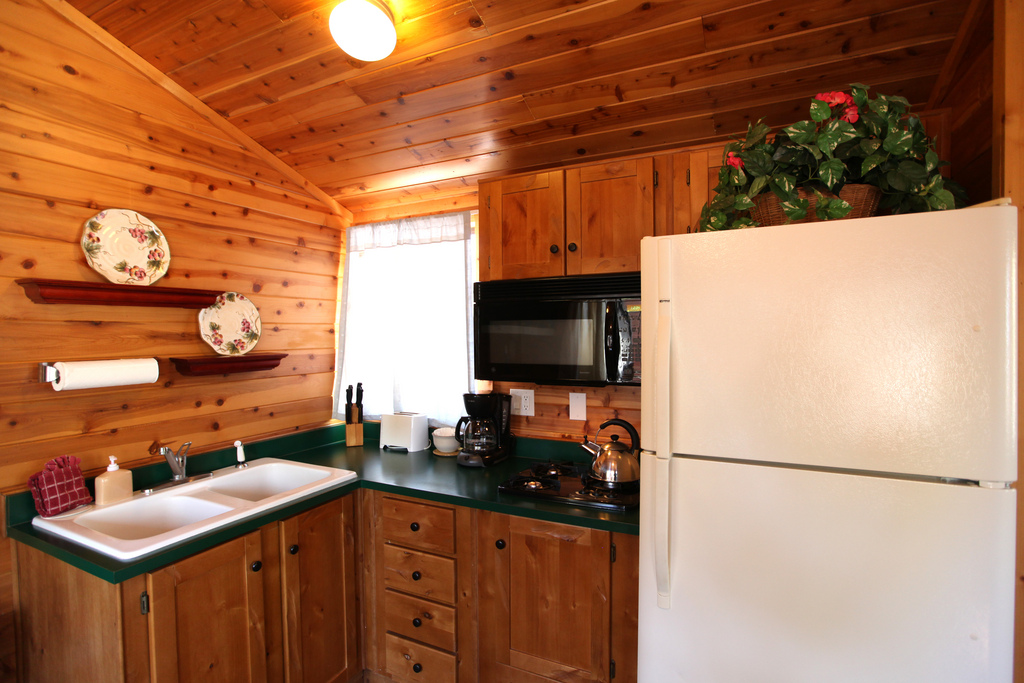 The kitchen is stocked with cooking utensils and dishes for use during your stay.