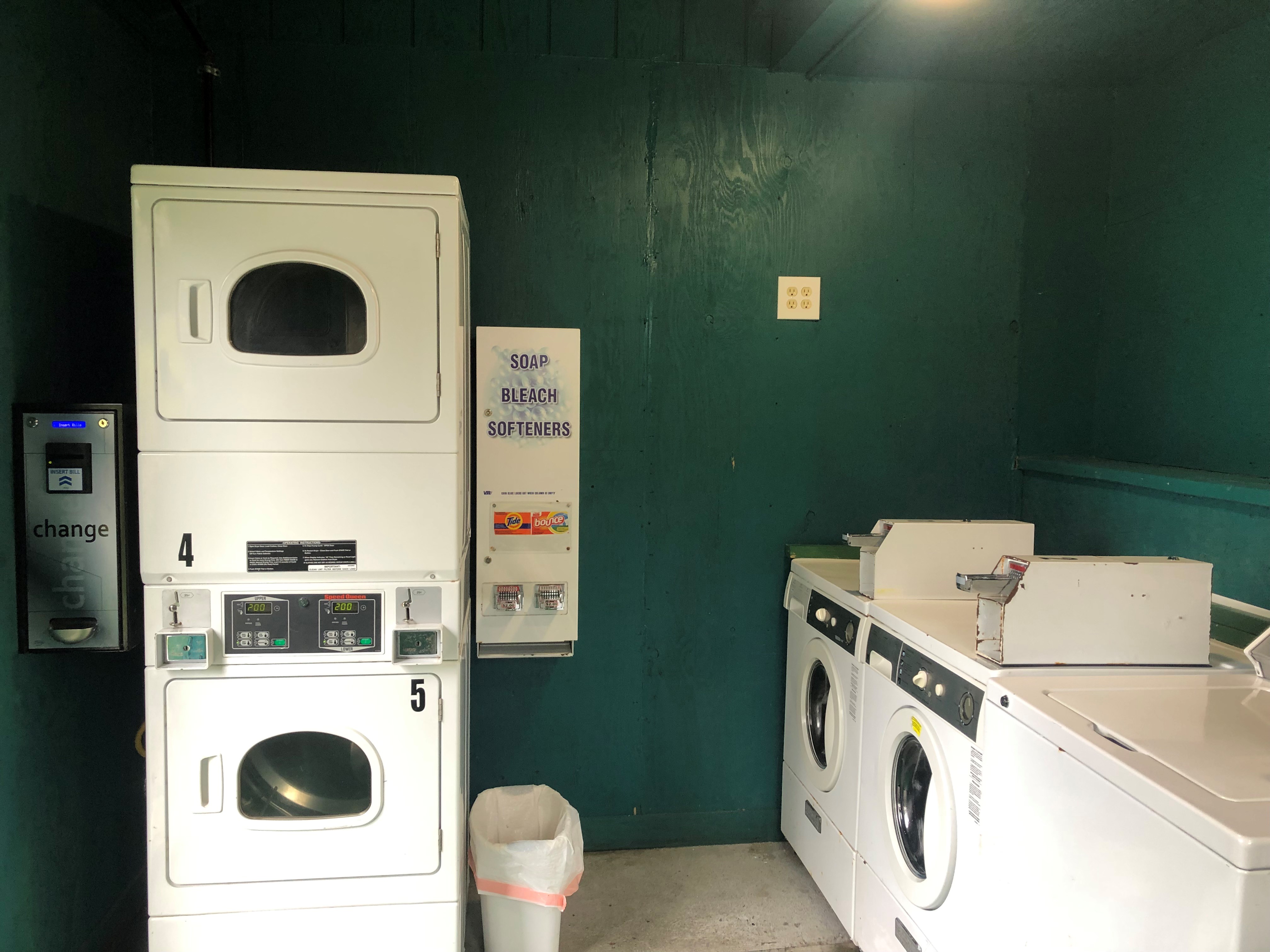 Laundry has change machines and detergent/dryer sheets vending