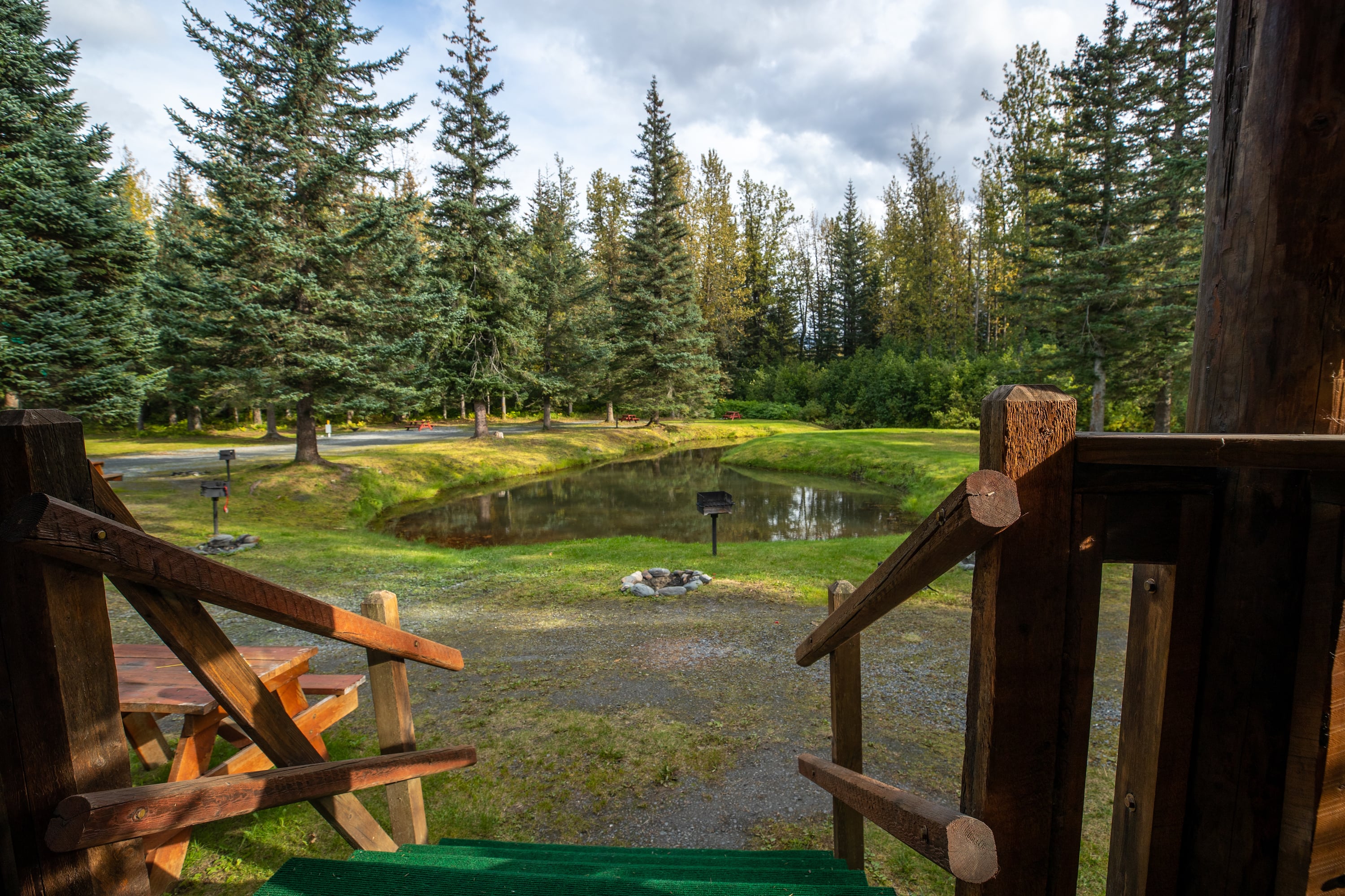 Views from your Cabin Porch. BBQ Grill, Picnic table and Pond. Pond contains a freshwater underground spring.