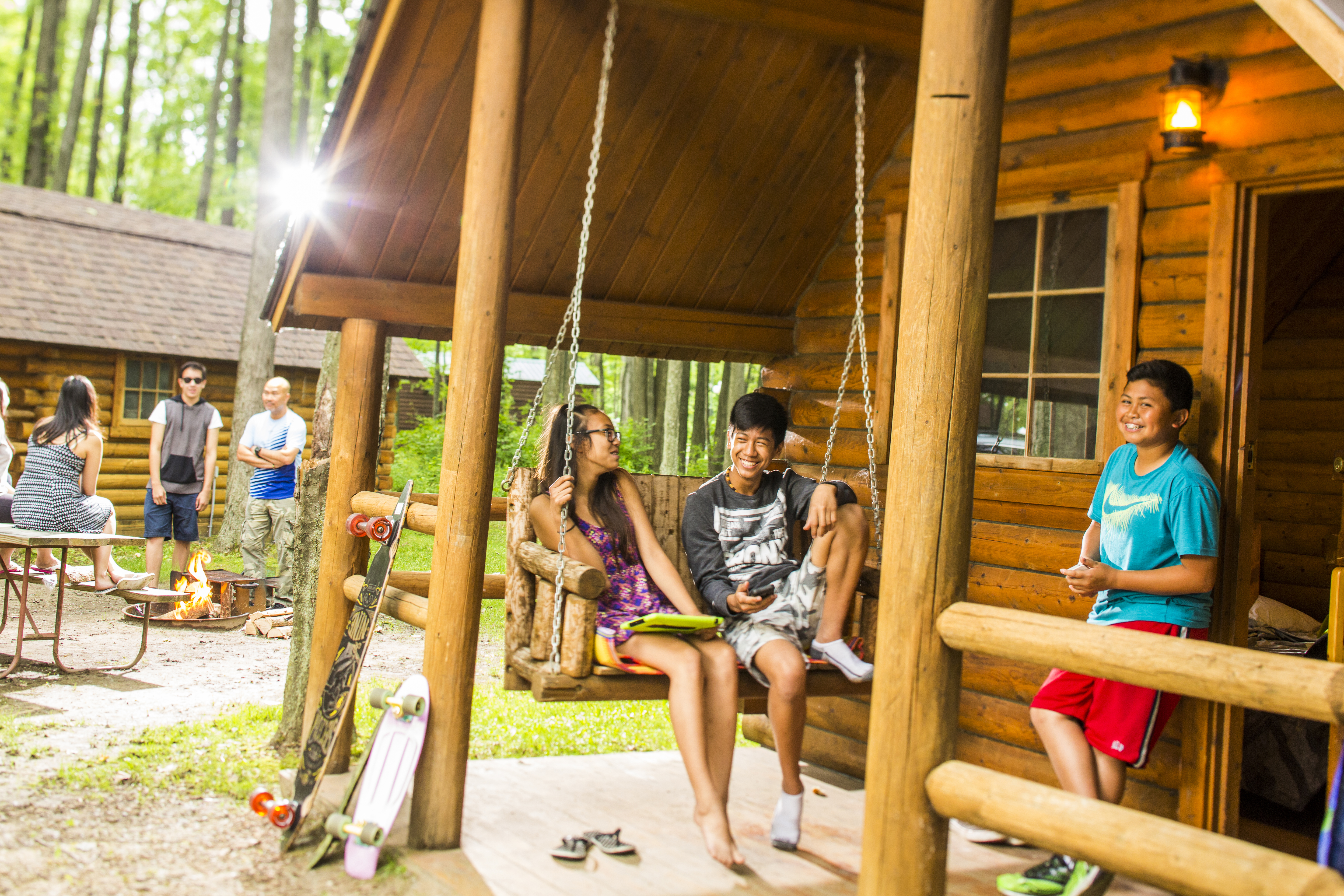 Kids on Porch Primitive Cabin