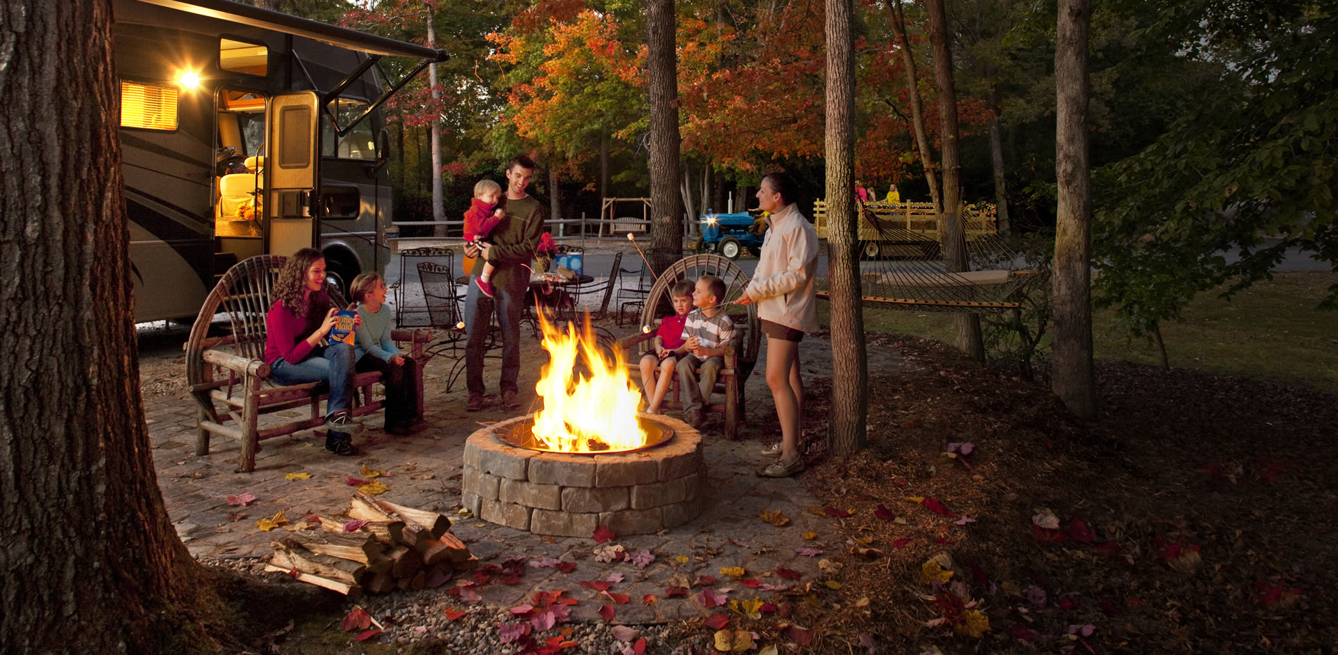 Family around campfire